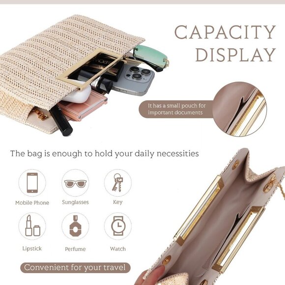 Women Straw Clutch Top Handle Woven Summer Evening Crossbody Bag Purse - Picture 5 of 8